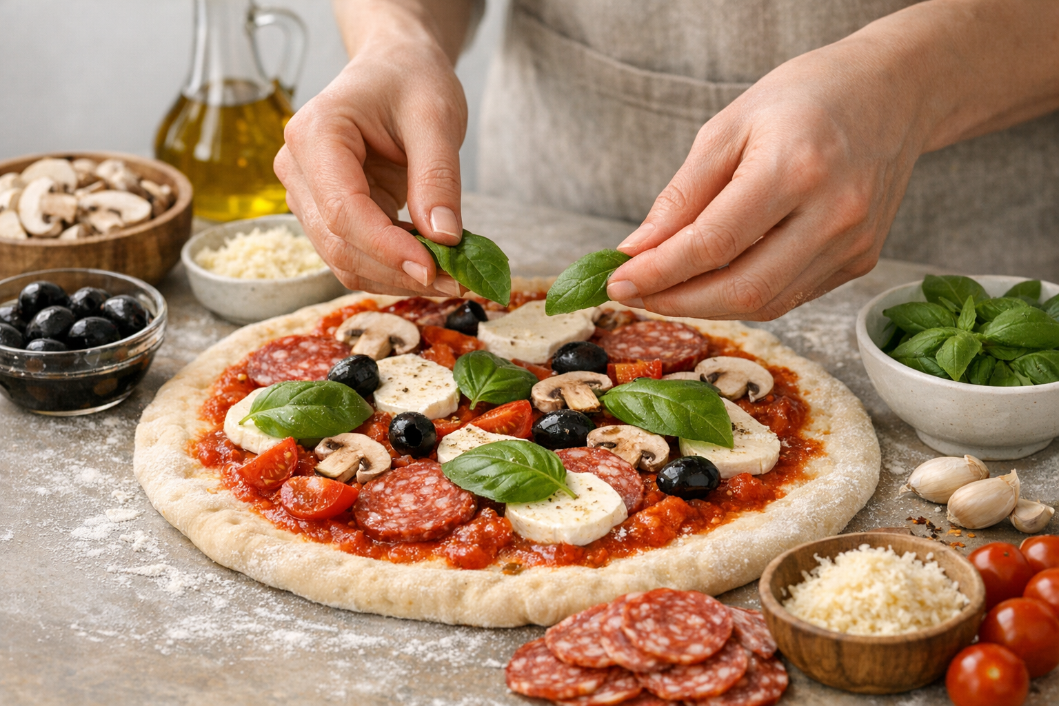 Pizza being assembled with toppings