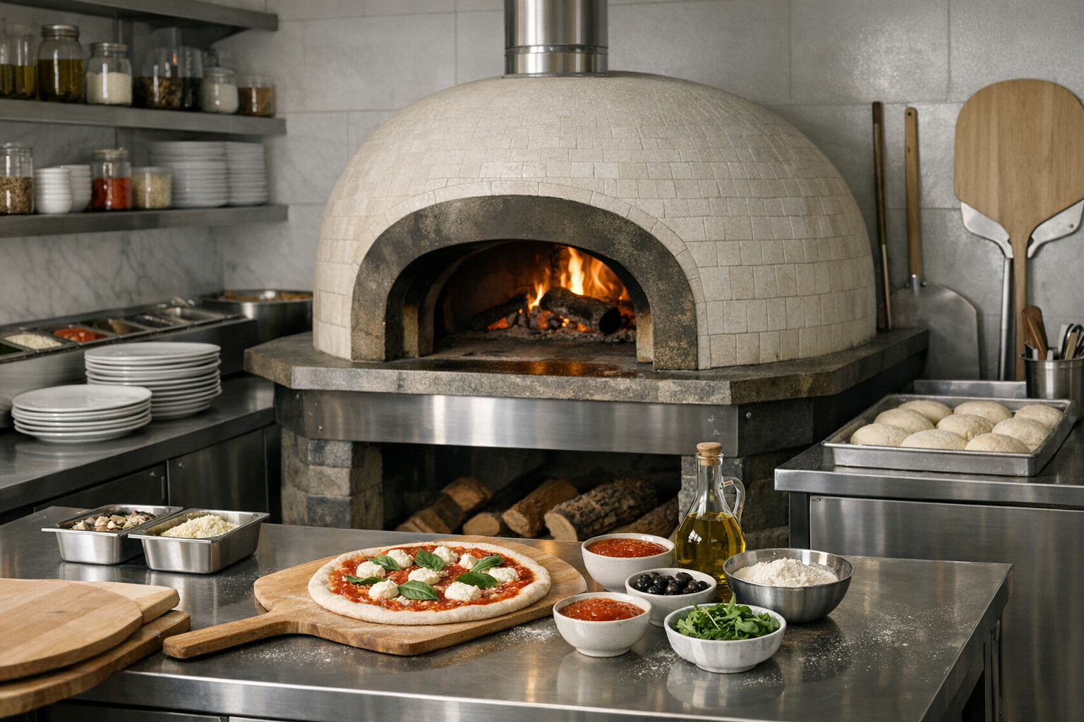 Professional pizzeria kitchen with pizza oven
